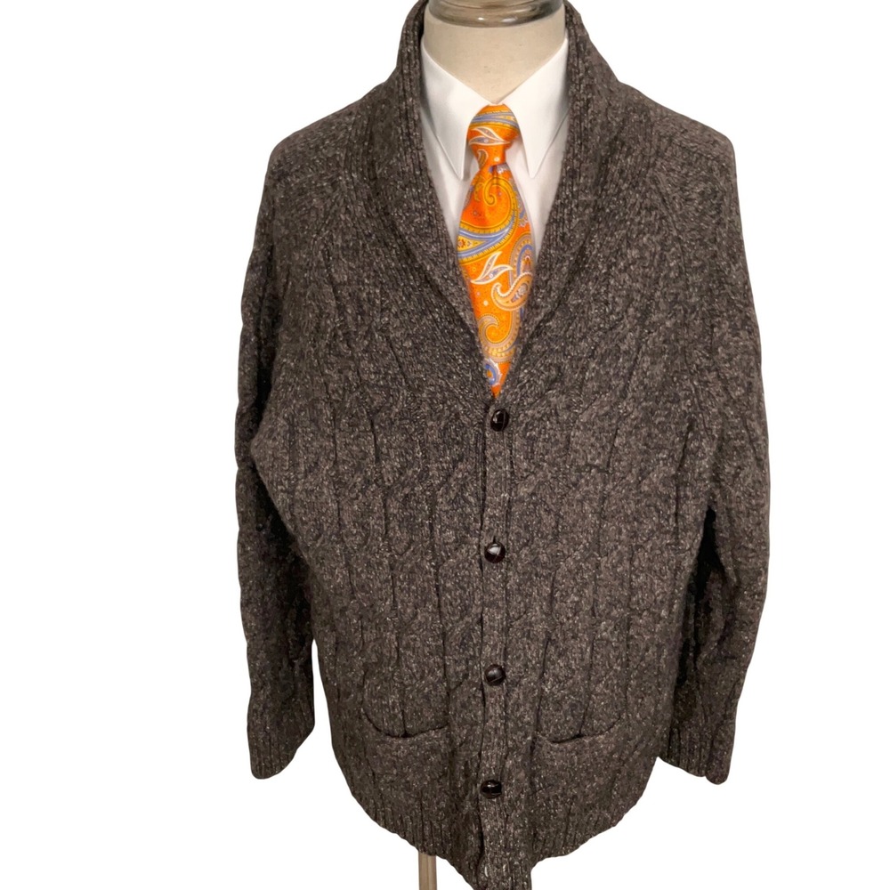 Daniel Cremieux Cardigan Mens XXL Taupe Gray Cable Knit Shawl Grandpa Chunky